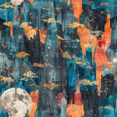 Wall Mural - Abstract celestial landscape with dripping paint and gold accents.