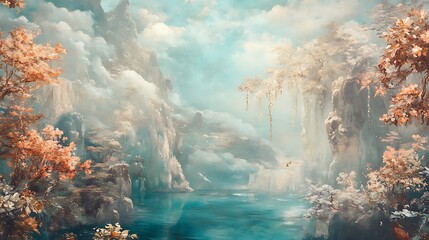 Poster - Misty Mountain Landscape with a Calm Lake and Foliage