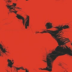 Silhouettes of karate fighters with red background.