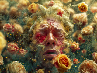 Poster - A man's face is covered in gold dust and surrounded by flowers