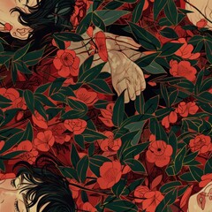 Canvas Print - Woman's face hidden in red flowers and dark green leaves.