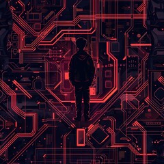 Wall Mural - Silhouette of a person standing in front of a glowing red circuit board.