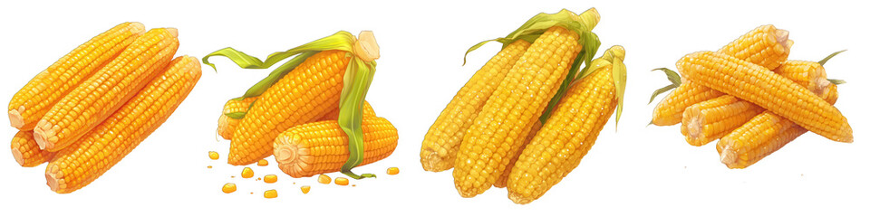 Fresh yellow corn arranged neatly, showcasing its vibrant color and natural texture, perfect for culinary and agricultural themes. transparent background