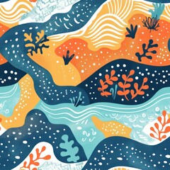 Canvas Print - Abstract seamless pattern with blue, orange, and yellow colors.