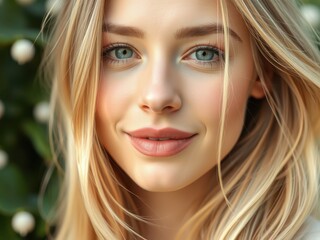 Beautiful blond young woman face close up. Natural looking. Banner for beauty skin body care bio eco cosmetics concept