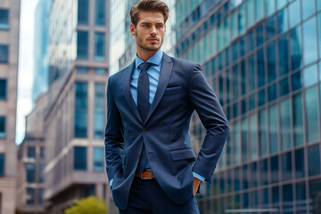 Elegant man in a modern tailored suit with a stylish tie, posing confidently against a backdrop of modern architecture, highlighting business fashion.