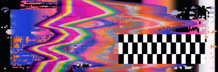 Poster - Broken glitched screen with colorful random neon pixel and flickers. Webcore style aesthetics of the early 00s internet art.