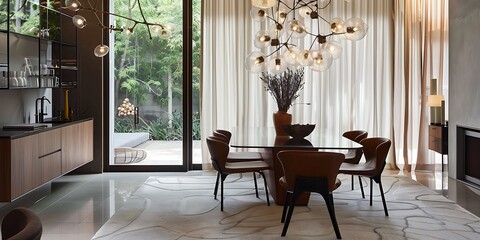 Wall Mural -  A stylish dining room with a glass table modern chairs and a unique light fixture 