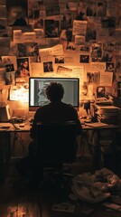 a dedicated programmer intensely working on code at night in a cluttered, dimly lit room full of not