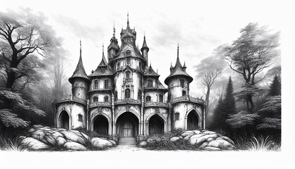 enticing black and white sketch of fantasy palace in the woods generative a i art