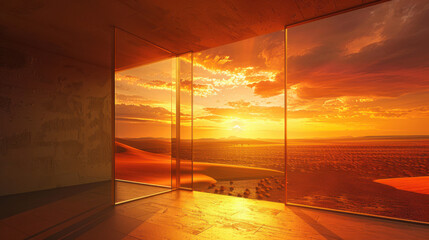 Wall Mural - A modern glass door opens to reveal a sprawling desert landscape under a vibrant sunset