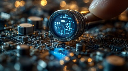 Poster - A hand is pointing at a small electronic device with a blue light on it