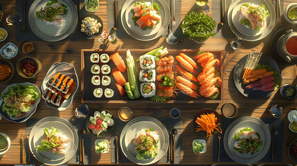 Japanese restaurant dinner table spread in top-down view, array of beautifully plated sushi, sashimi, tempura, surrounded, fresh salads, traditional Japanese food