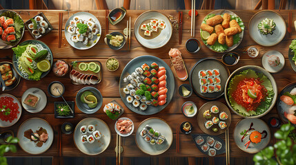 Japanese restaurant dinner table spread in top-down view, array of beautifully plated sushi, sashimi, tempura, surrounded, fresh salads, traditional Japanese food