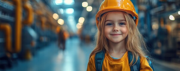 Children of workers playing near a factory, joyful and carefree, future generation theme, [Labor Day, future]