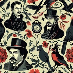 Canvas Print - Vintage Pattern of Men with Top Hats, Birds, Flowers and an Alarm Clock.