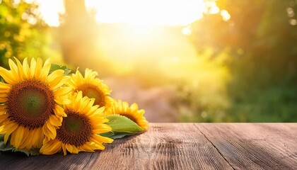 Wall Mural - bunch of sunflowers on old wooden table outdoor shot green summer background sunrise light