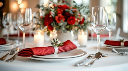 Elegant Table Setting with Red Napkins and Flowers