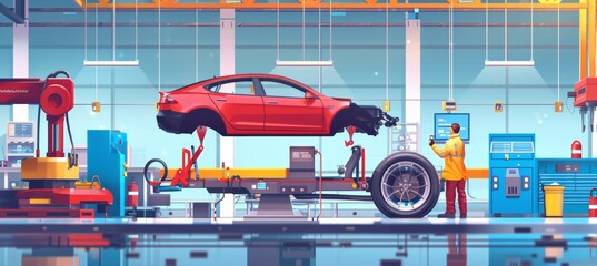 Wall Mural - Industrial Engineer Inspecting Car Suspension System on Assembly Line in Modern Factory Setting