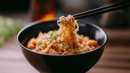 Close-up of chopsticks lifting delicious ramen noodles from a black bowl with shrimp and green onions.