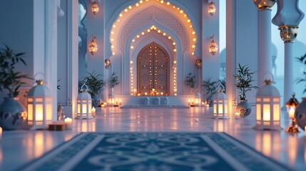 Wall Mural - 3D muslim mosque beautiful decoration in blue and gold background. Ramadan kareem islamic background