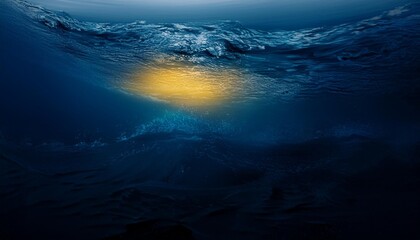 Wall Mural - a picture of a dark blue ocean with a yellow light