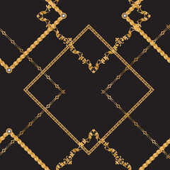 Wall Mural - Seamless pattern decorated with precious stones, gold chains and pearls.	