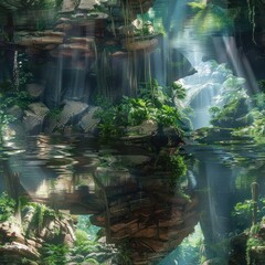 Wall Mural - Sun Rays Through Rainforest Canopy Over Water.