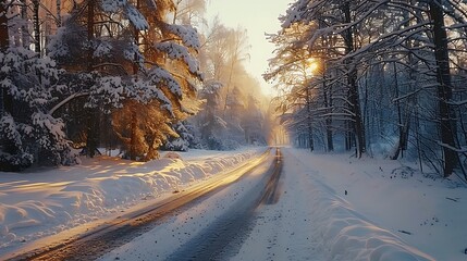 A beautiful winter drive with trees heavy with fresh snow, the road blanketed in white, the gentle light of late afternoon creating a serene and enchanting scene, natural look, hd quality.