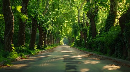 Wall Mural - A bright and cheerful summer drive, the path lined with lush green trees, dappled sunlight creating a dance of light and shadow, enhancing the lively atmosphere, natural look, hd quality.