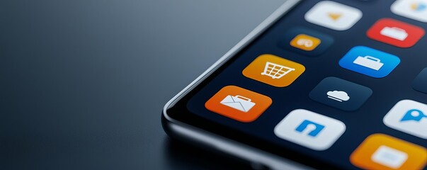 Mobile app for a global marketplace, close-up of icons and navigation buttons, sleek and user-friendly interface
