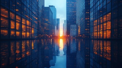 Poster - A city skyline with a large body of water reflecting the sun