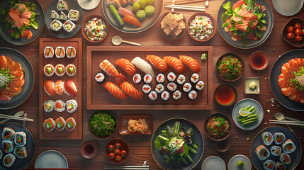 Japanese restaurant dinner table spread in top-down view, array of beautifully plated sushi, sashimi, tempura, surrounded, fresh salads, traditional Japanese food