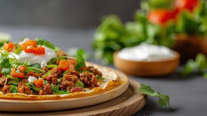 Wall Mural - A close-up of a sope topped with refried beans, chorizo, lettuce, tomatoes, and sour cream.