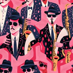 Canvas Print - Jazz Band in Suits and Sunglasses on a Pink Background.