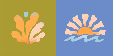 Wall Mural - vector abstract summer nature emblems.hand drawn coral, sun and ocean waves.modern graphic in naive 