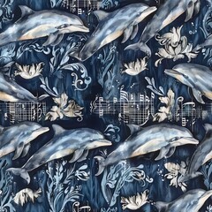 Canvas Print - Watercolor Dolphin Pattern With Music Notes and Floral Motifs.