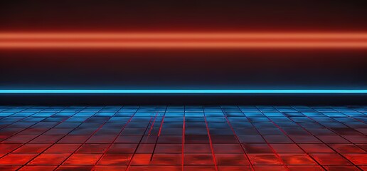 Wall Mural - Abstract neon light background with red and blue neon lines on a dark background.