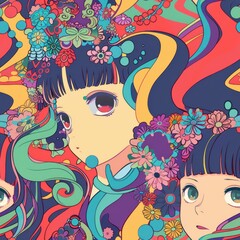 Canvas Print - Psychedelic Anime Girl with Flowers.