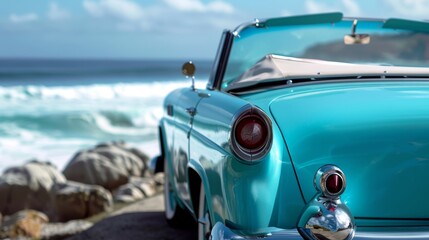 Wall Mural - Vintage Blue Convertible by Seaside with Chrome Accents in Summer for Coastal Travel Inspiration