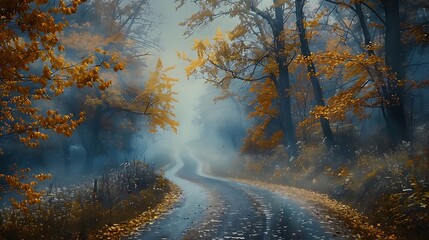 Wall Mural - A tranquil drive shrouded in morning mist, with dew-kissed leaves glistening in the soft light, the path winding through a landscape of fog-covered trees, the early light adding a touch of magic,