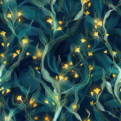 Canvas Print - Abstract Floral Pattern with Teal Leaves and Yellow Flowers.