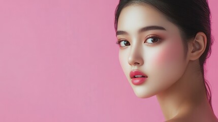 A woman showcases her elegance with a naturally radiant look and soft makeup