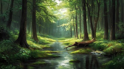 Sticker - Tranquil Forest Stream with Sunbeams Filtering Through Dense Canopy