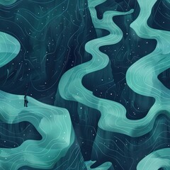 Poster - Abstract Illustration of a Person Standing on a Blue and Green Swirling Landscape.