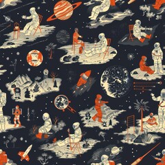 Wall Mural - Astronauts on the moon, seamless pattern.
