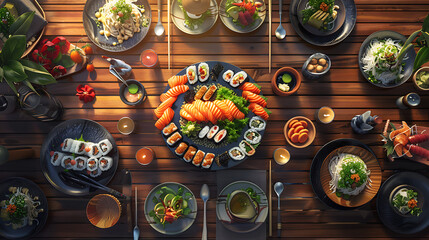 Japanese restaurant dinner table spread in top-down view, array of beautifully plated sushi, sashimi, tempura, surrounded, fresh salads, traditional Japanese food