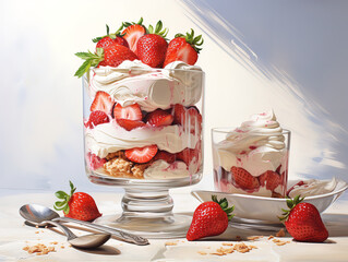 Awesome Strawberry tiramisu, Glasses, Silver spoons, Light background