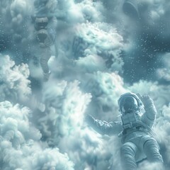 Sticker - Astronauts floating in clouds.