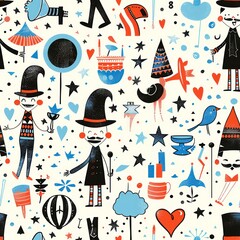 Canvas Print - Colorful whimsical pattern with characters, stars and hearts.